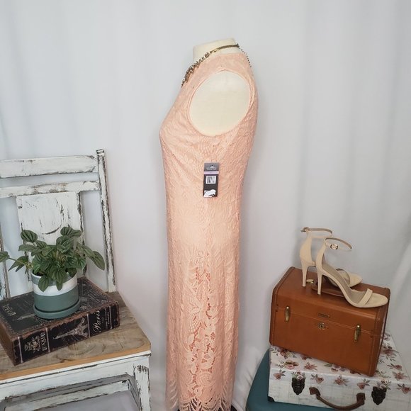 Peach Pink Sharagano Lace Midi Dress - Sz 6 (NWT) - Picture 5 of 15